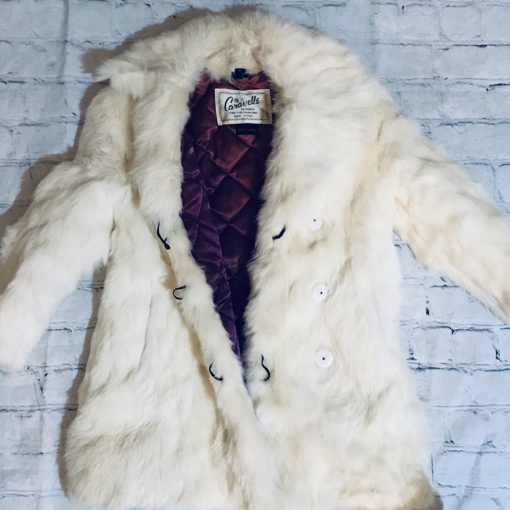 Caravelle Vintage Fine French Fur Coat Cream W/ Quilted Burgundy Lining Rare!